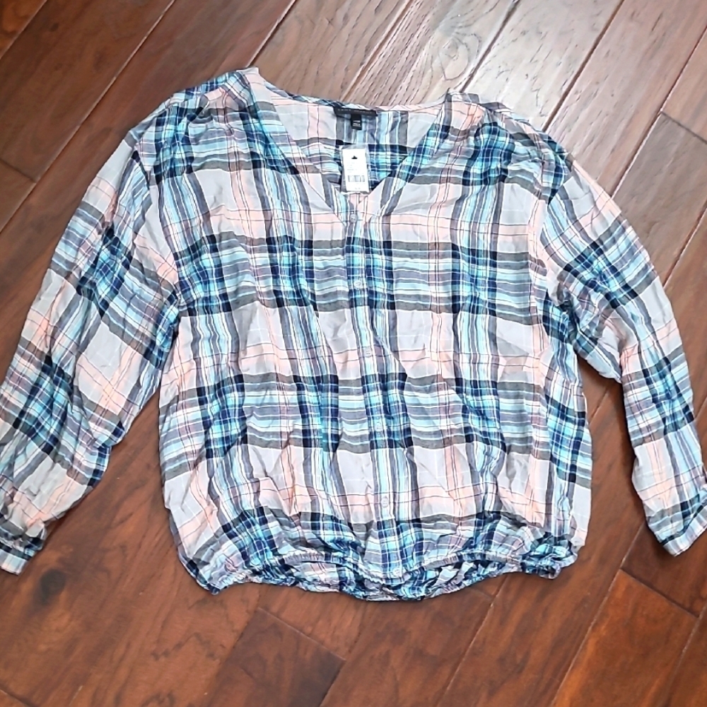 NWT Lane Bryant Blue & Pink Plaid Button-up Blouse with elastic waist size 18/20